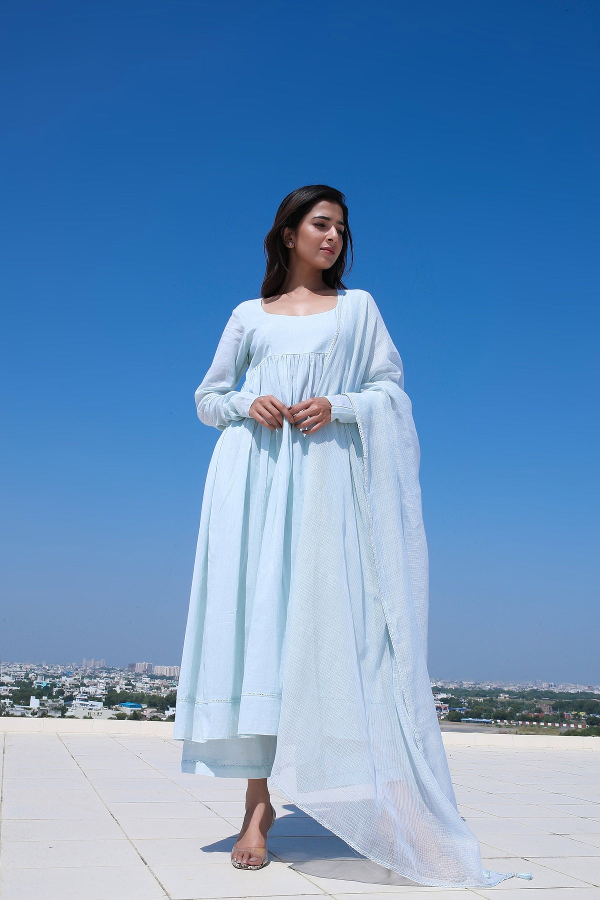 Diksha Rawat in Mud Pastel Blue Full Sleeves Suit Set - ILMA