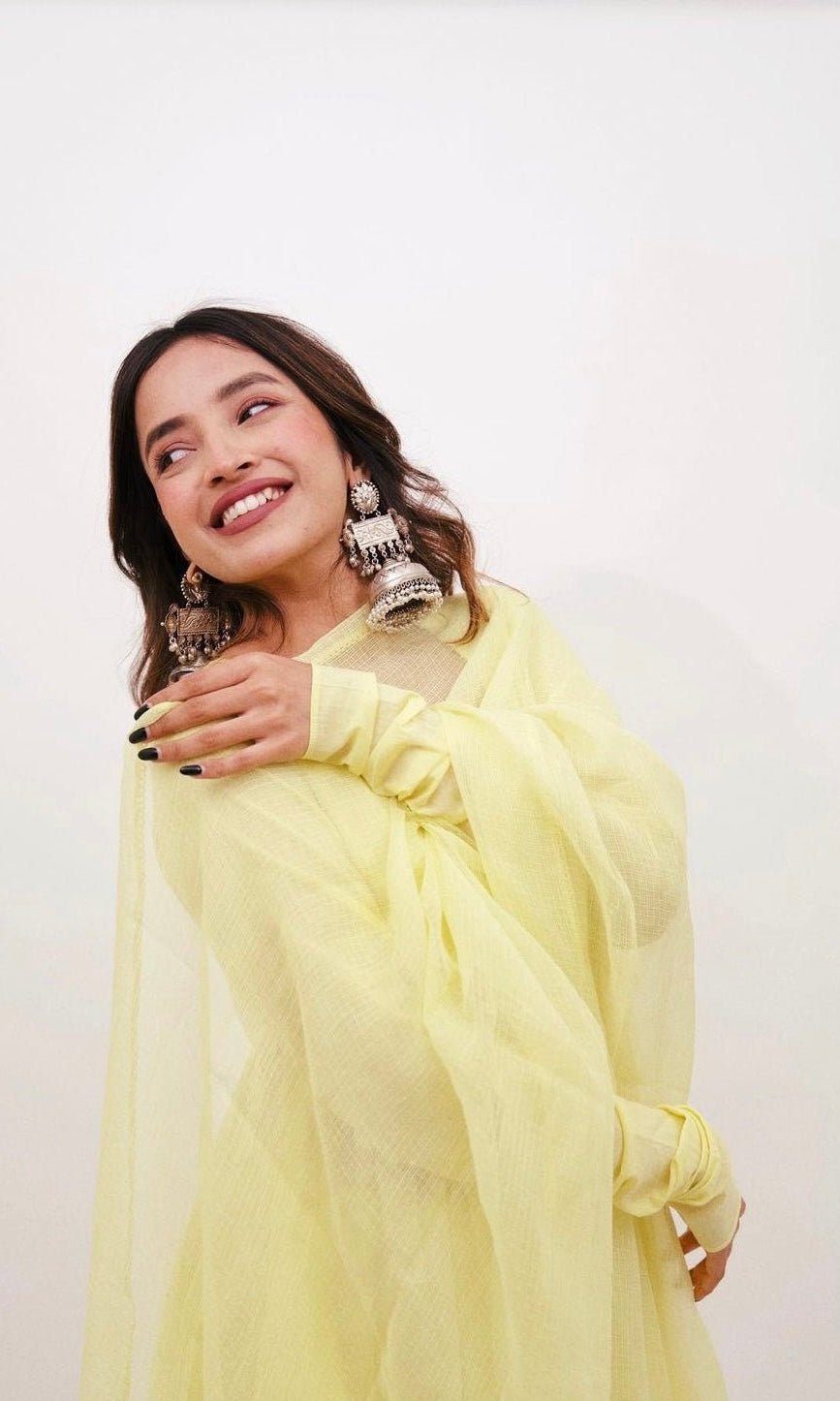 Diksha Rawat in Sunshine Yellow Full Sleeves Suit Set - ILMA