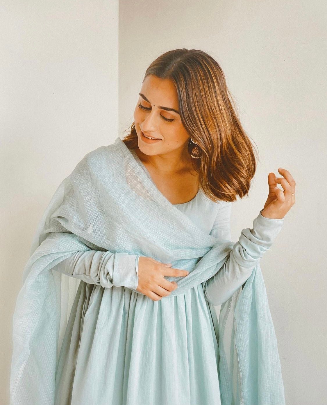 Kashish Dadhwal in Mud Pastel Blue Full Sleeves Suit Set - ILMA