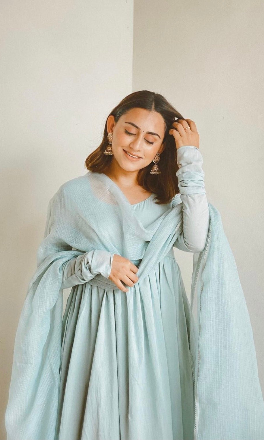 Kashish Dadhwal in Mud Pastel Blue Full Sleeves Suit Set - ILMA
