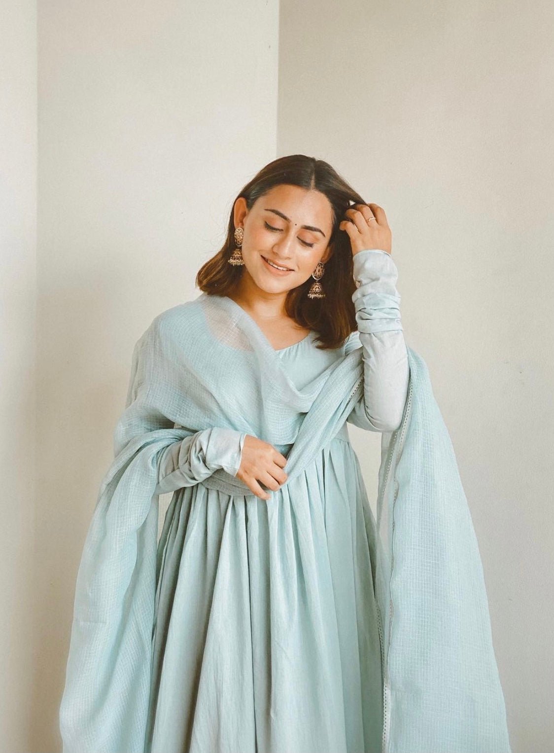 Kashish Dadhwal in Mud Pastel Blue Full Sleeves Suit Set - ILMA