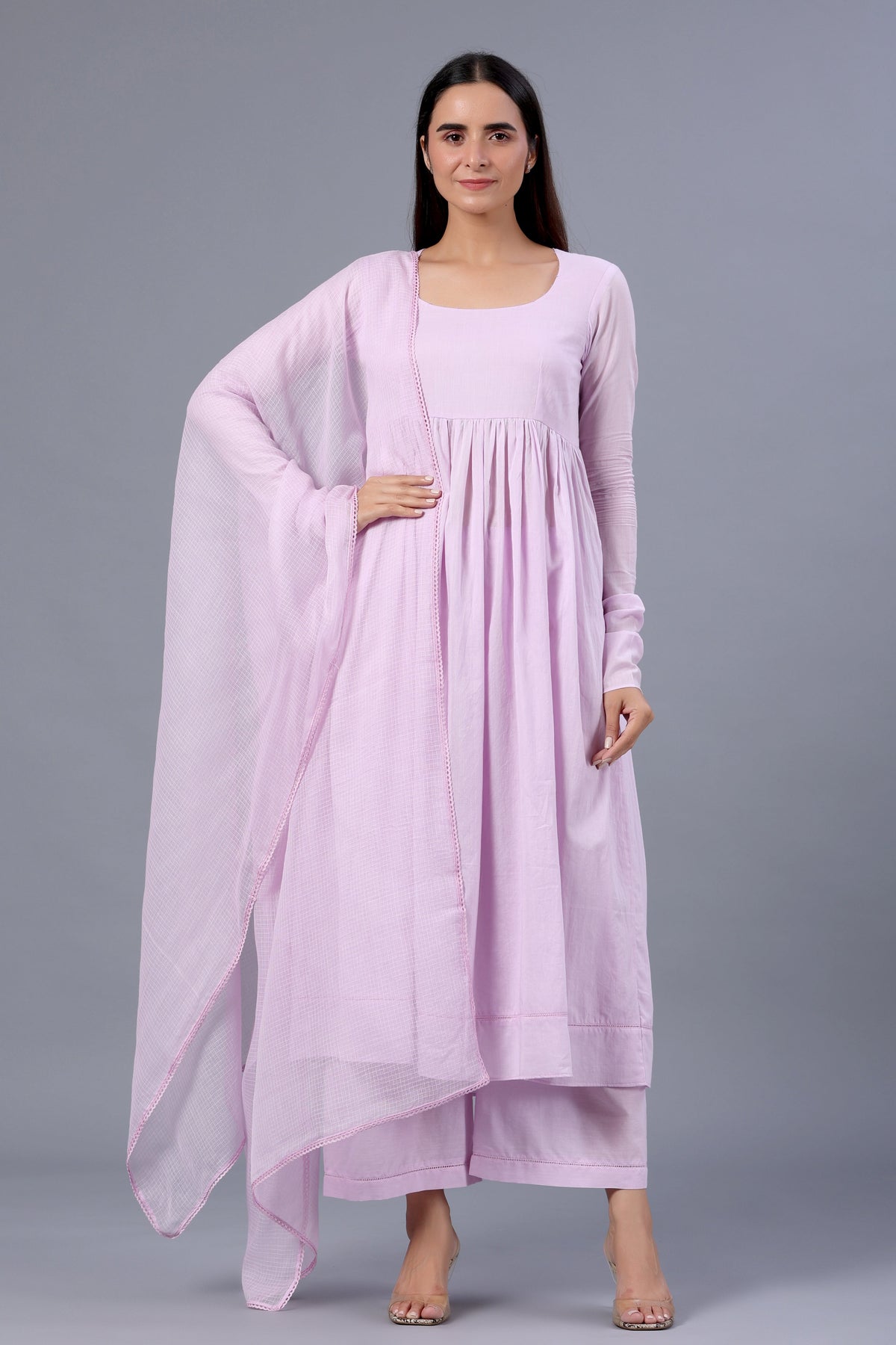 Lilac Full Sleeves Suit Set with Doria Dupatta - ILMA