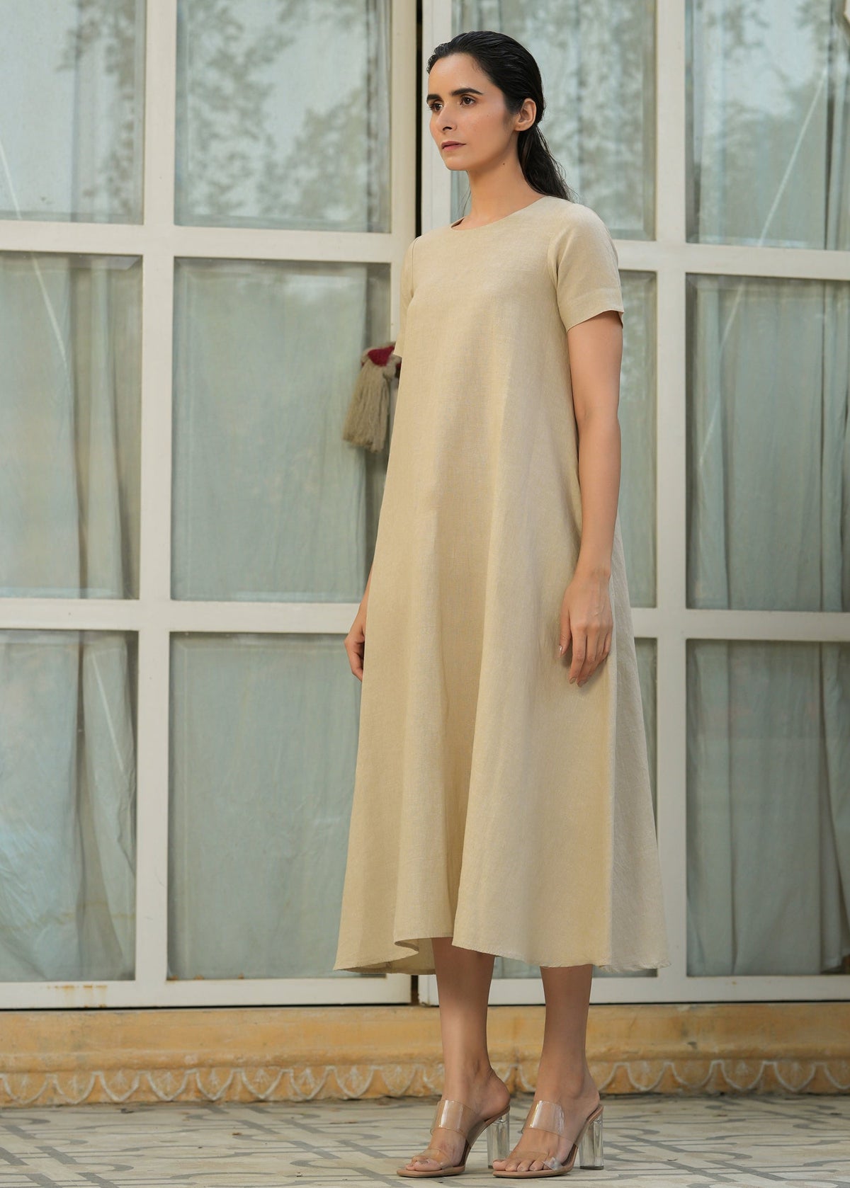 Linen Short Sleeves A-Line Dress - ILMA