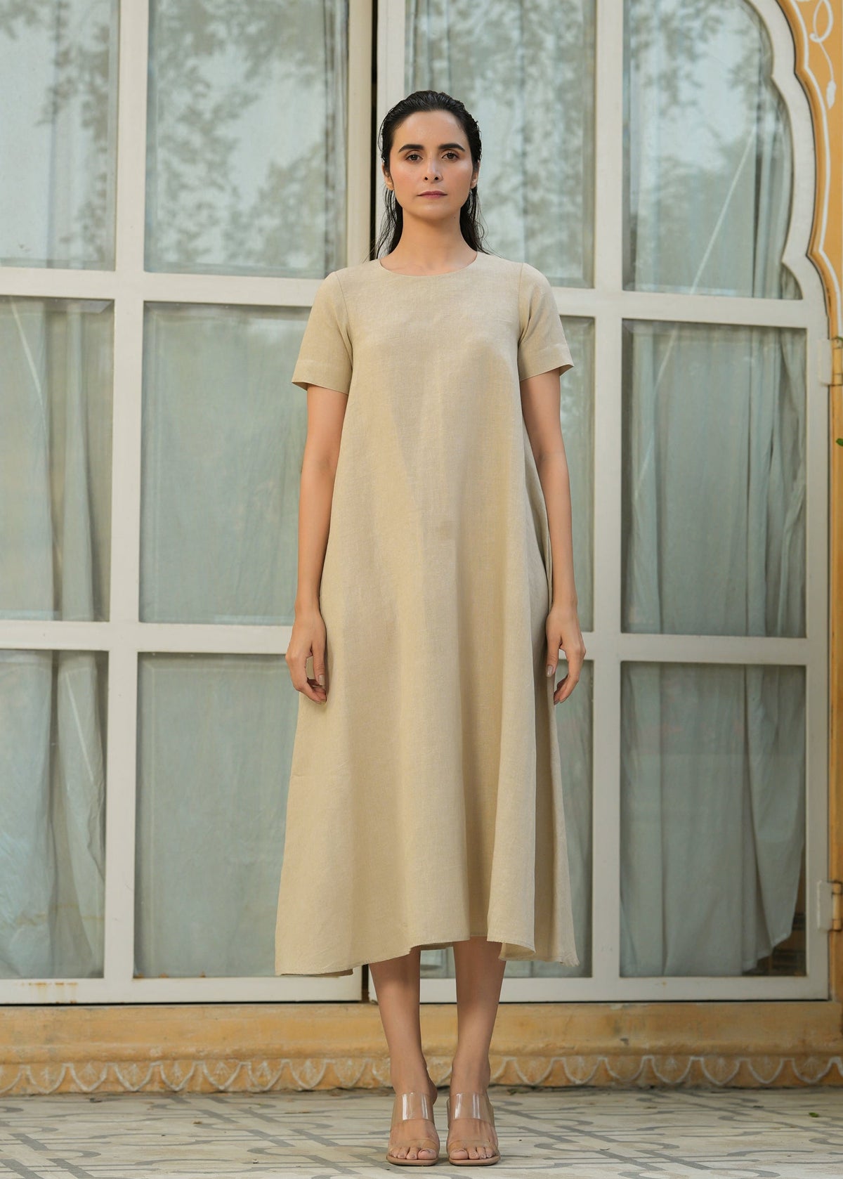 Linen Short Sleeves A-Line Dress - ILMA