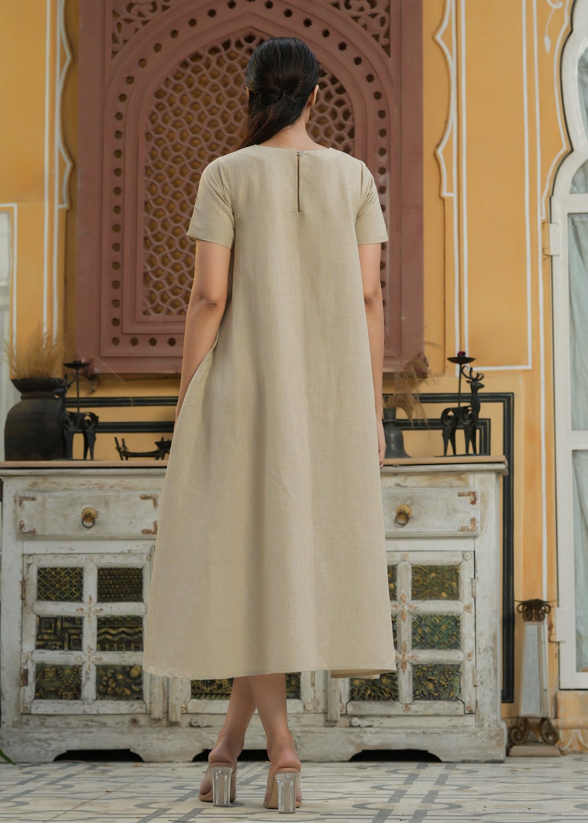 Linen Short Sleeves A-Line Dress - ILMA