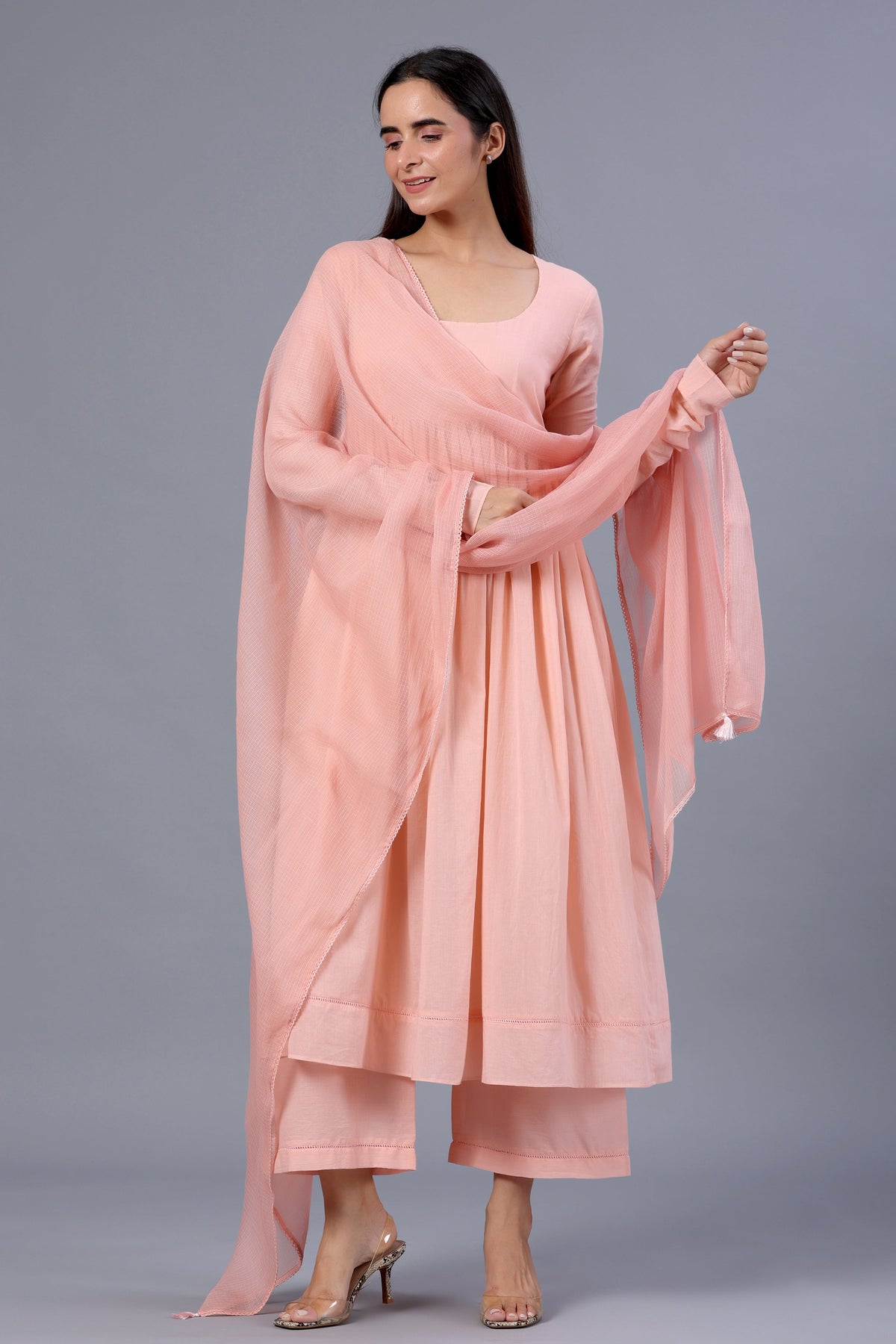 Peach Full Sleeves Suit Set with Doriya Dupatta - ILMA