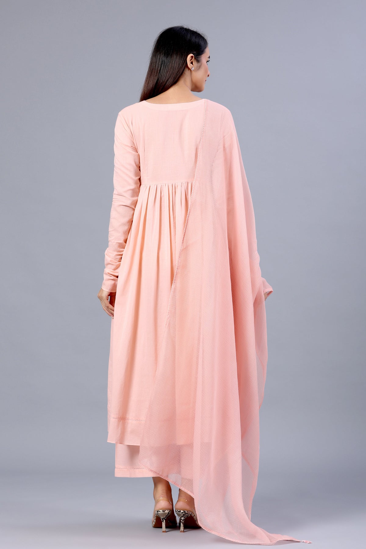 Peach Full Sleeves Suit Set with Doriya Dupatta - ILMA