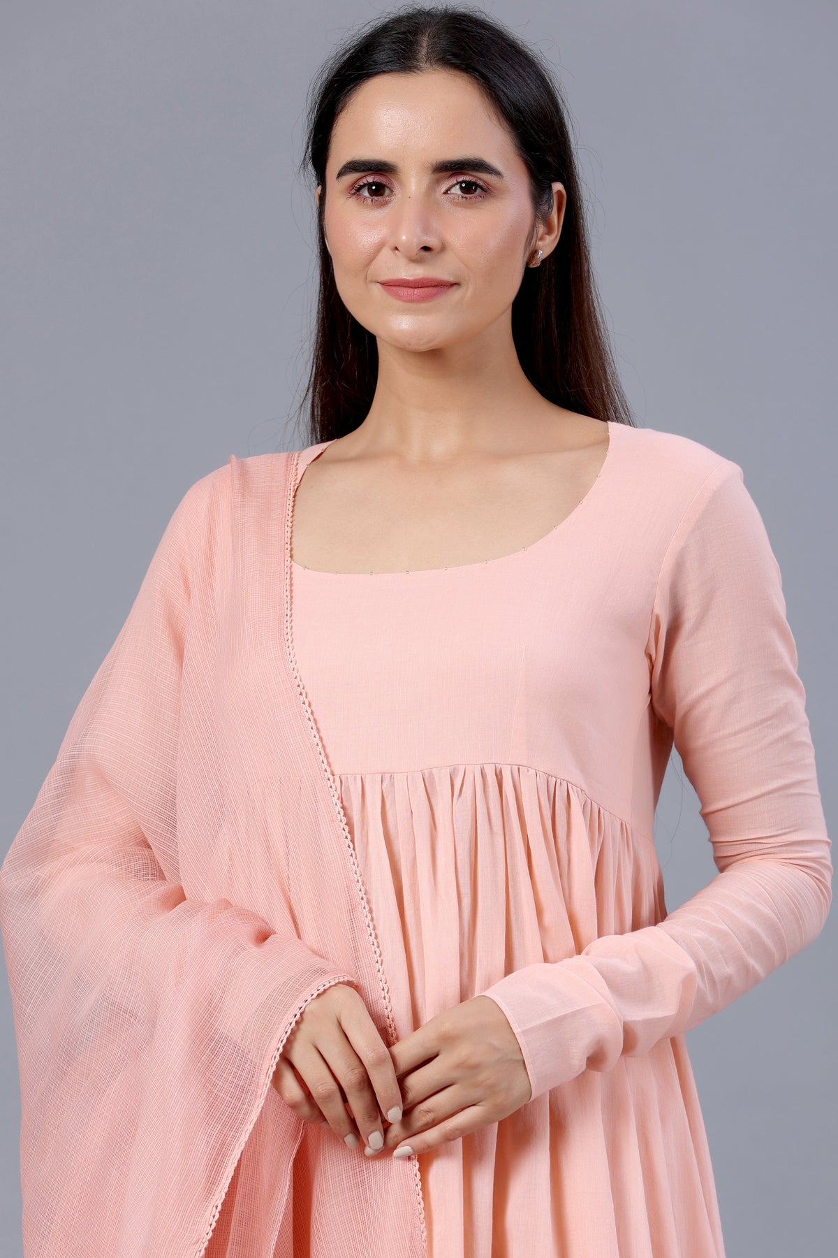 Peach Full Sleeves Suit Set with Doriya Dupatta - ILMA