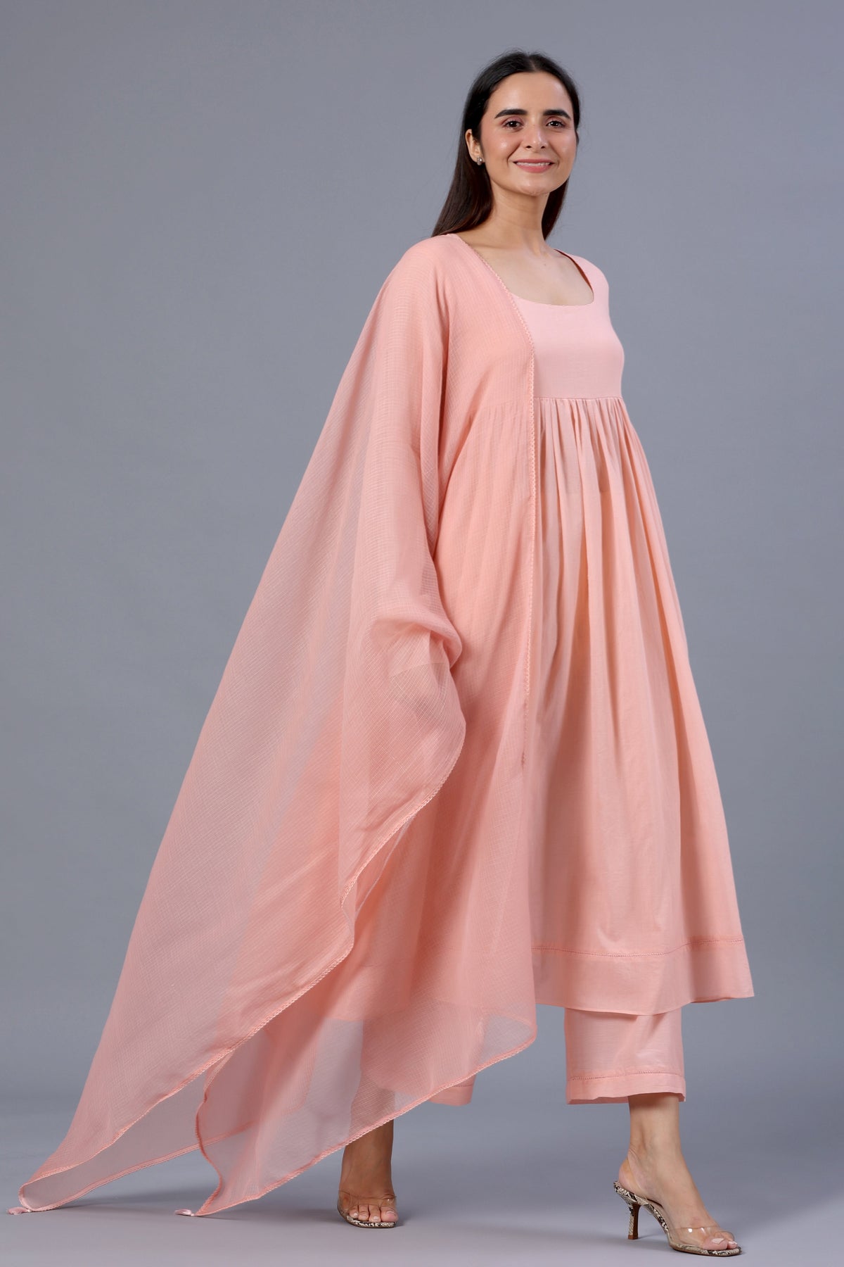 Peach Full Sleeves Suit Set with Doriya Dupatta - ILMA