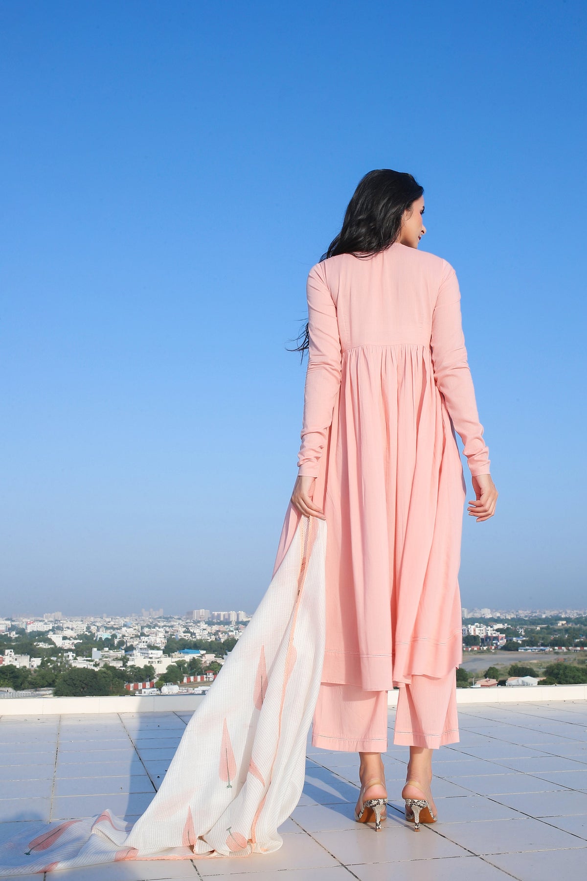 Peach Suit Set with Chanderi Dupatta - ILMA