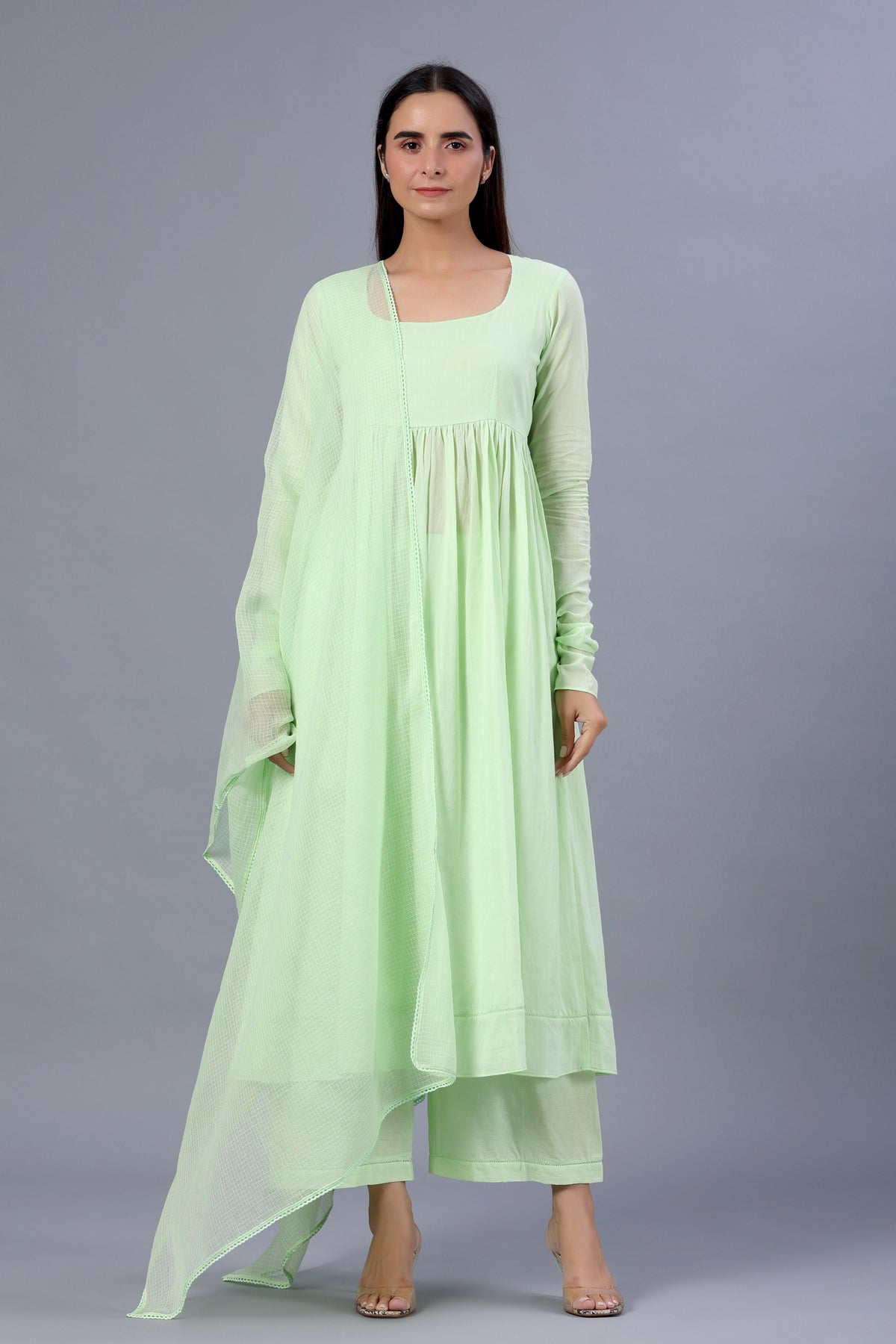 Pista Green Full Sleeves Suit Set with Doriya Dupatta - ILMA