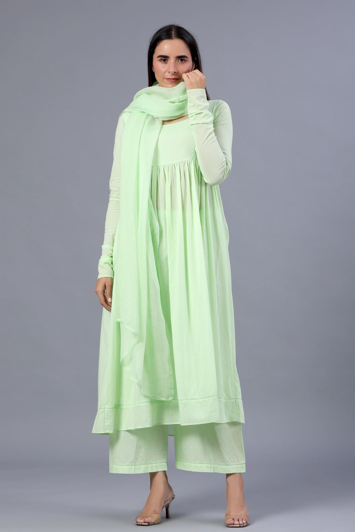 Pista Green Full Sleeves Suit Set with Doriya Dupatta - ILMA