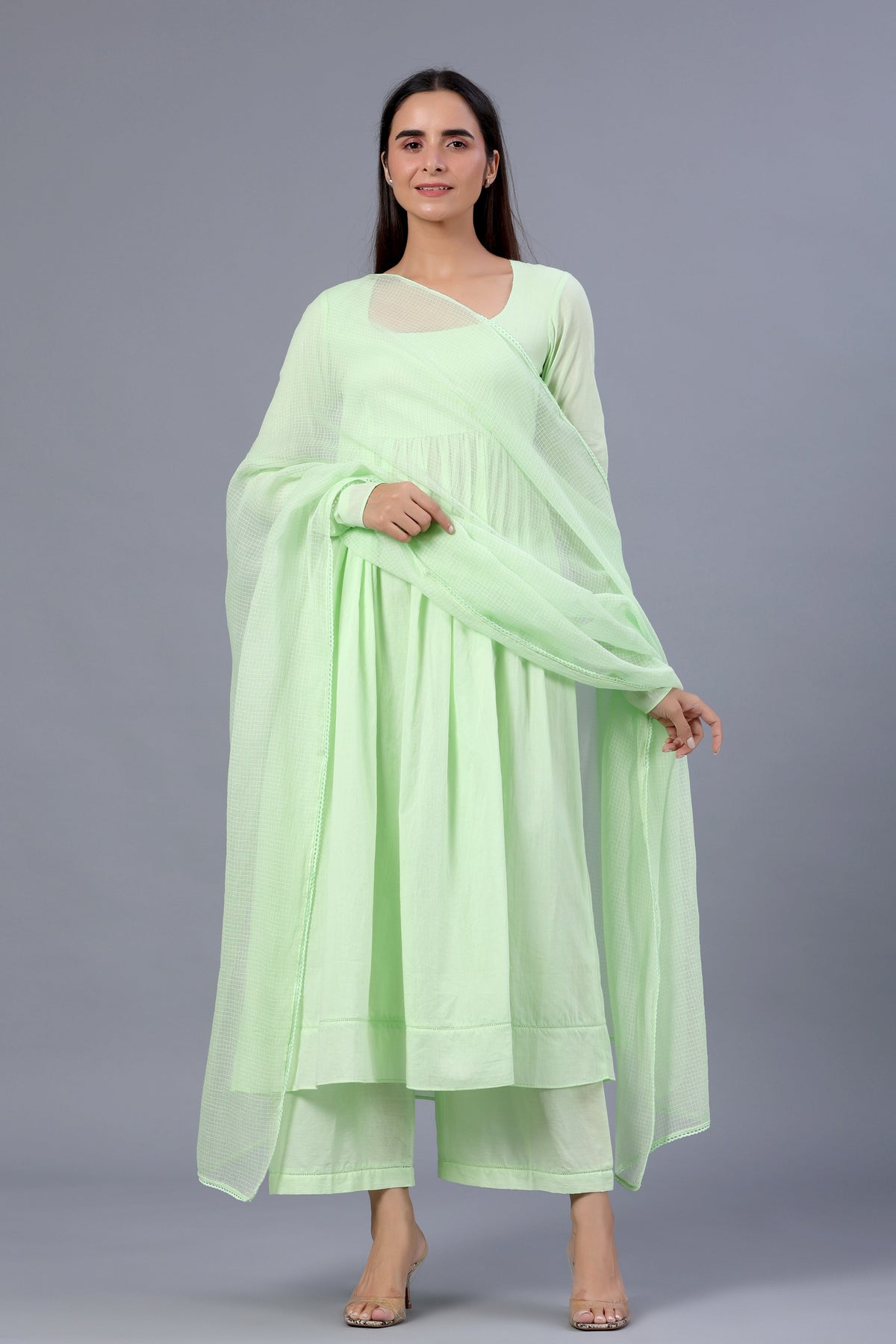 Pista Green Full Sleeves Suit Set with Doriya Dupatta - ILMA