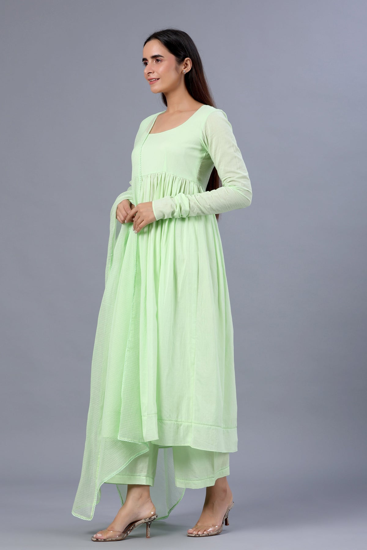Pista Green Full Sleeves Suit Set with Doriya Dupatta - ILMA