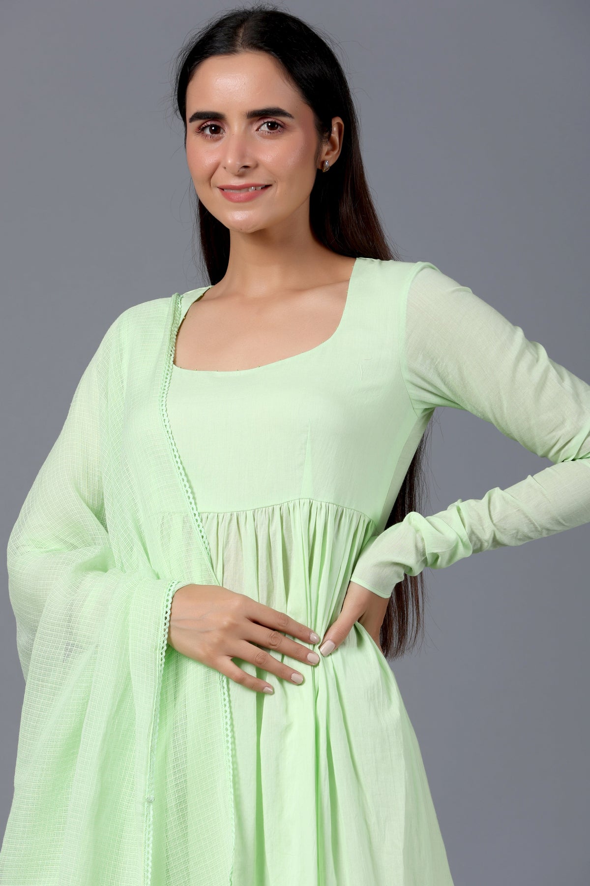 Pista Green Full Sleeves Suit Set with Doriya Dupatta - ILMA