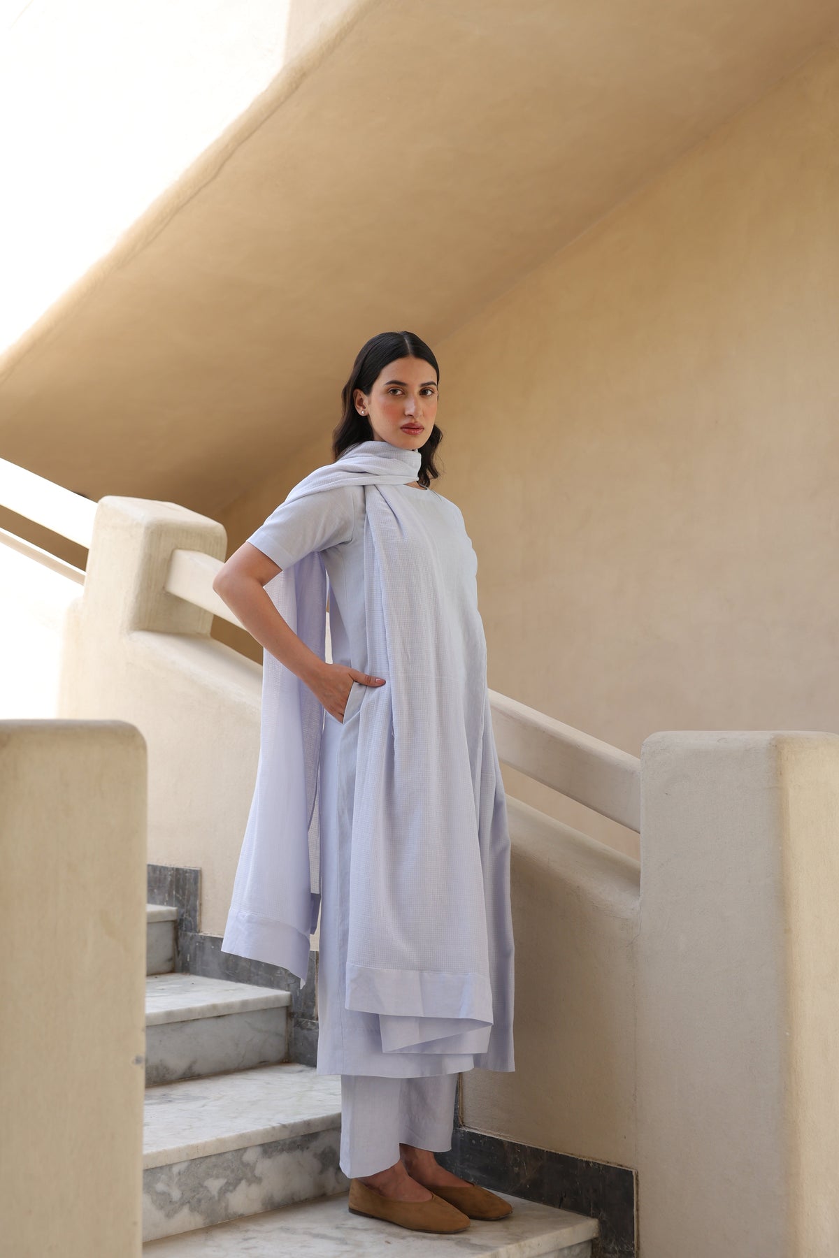 Rumi Linen Box Pleated Suit with Dupatta - ILMA