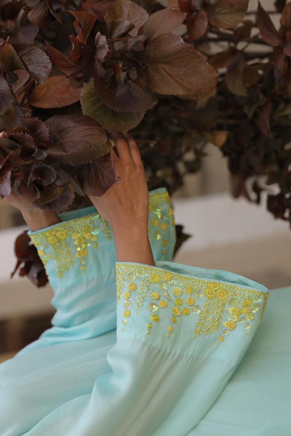 Sky Blue Suit Set with Hand Embellished Sleeves - ILMA