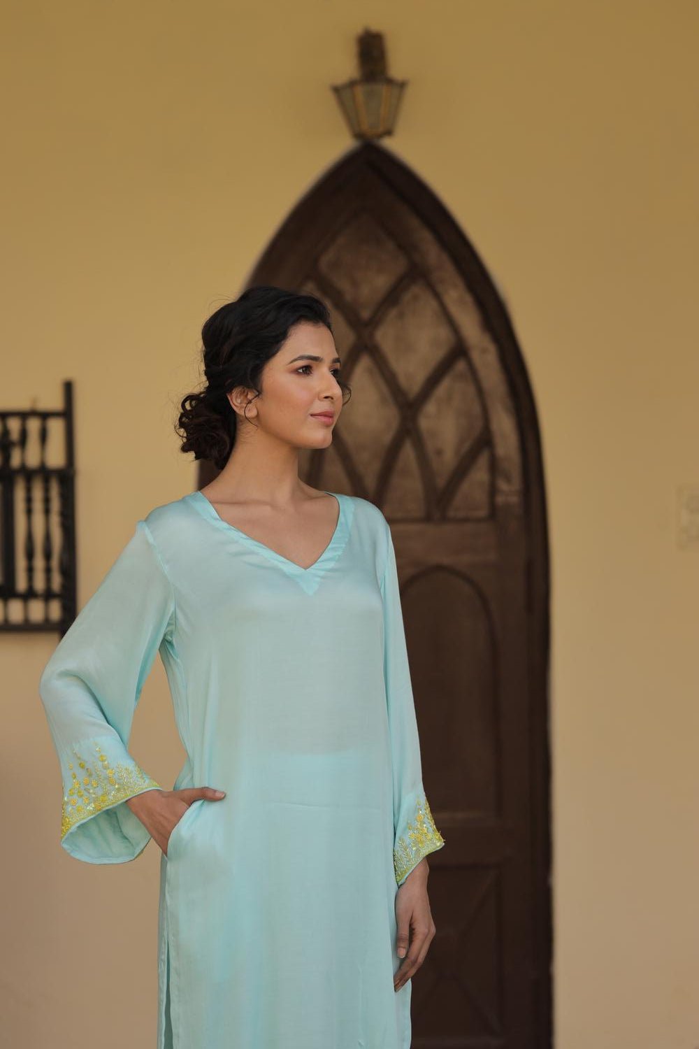Sky Blue Suit Set with Hand Embellished Sleeves - ILMA