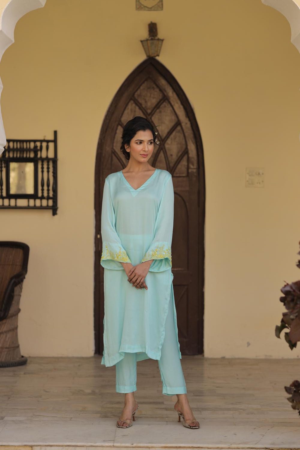 Sky Blue Suit Set with Hand Embellished Sleeves - ILMA