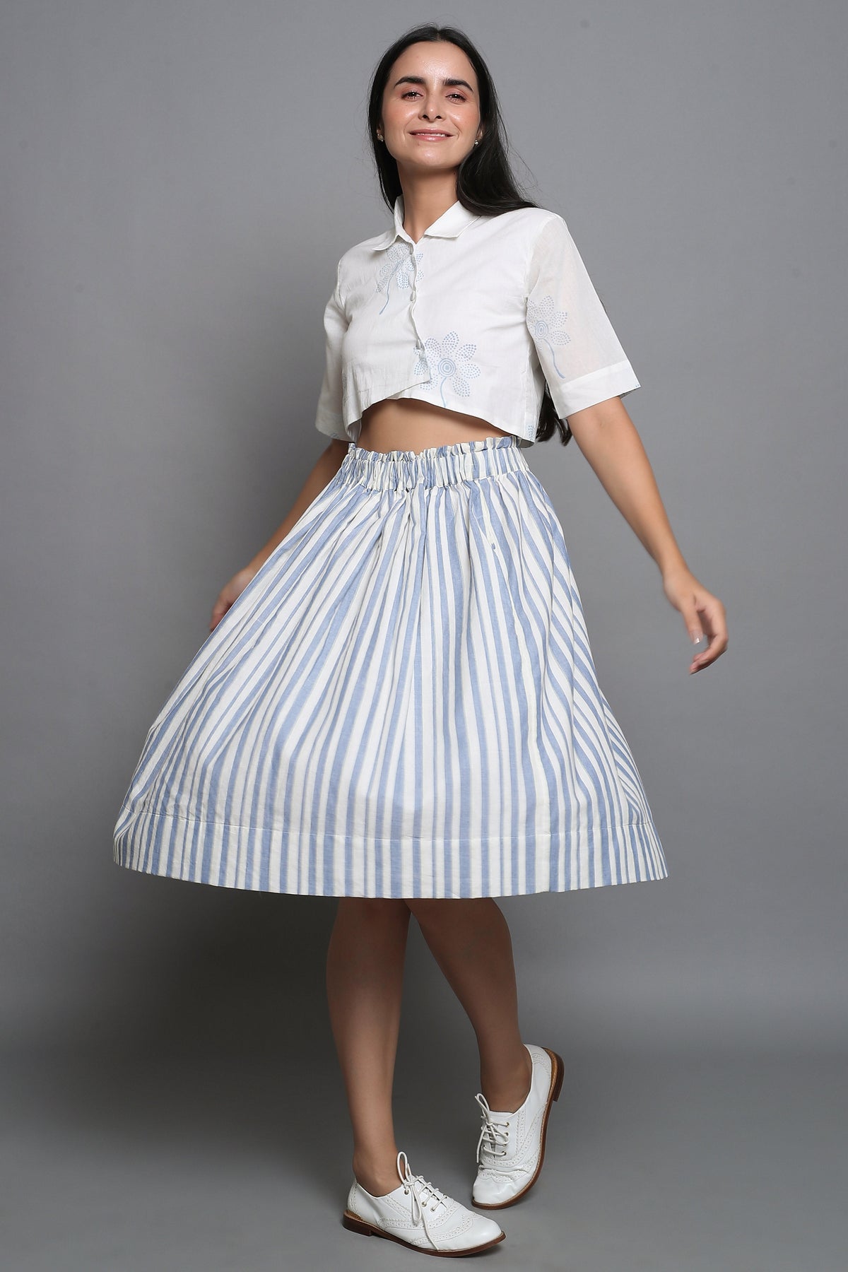 Striped Skirt with Block Printed Cropped Top - ILMA