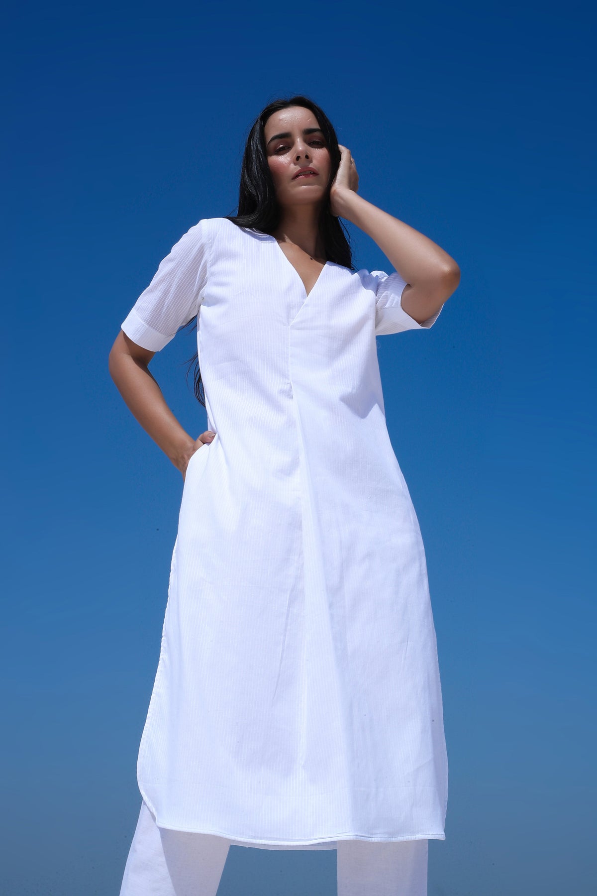 White Acordion Pleated V Neck Kurta Set - ILMA