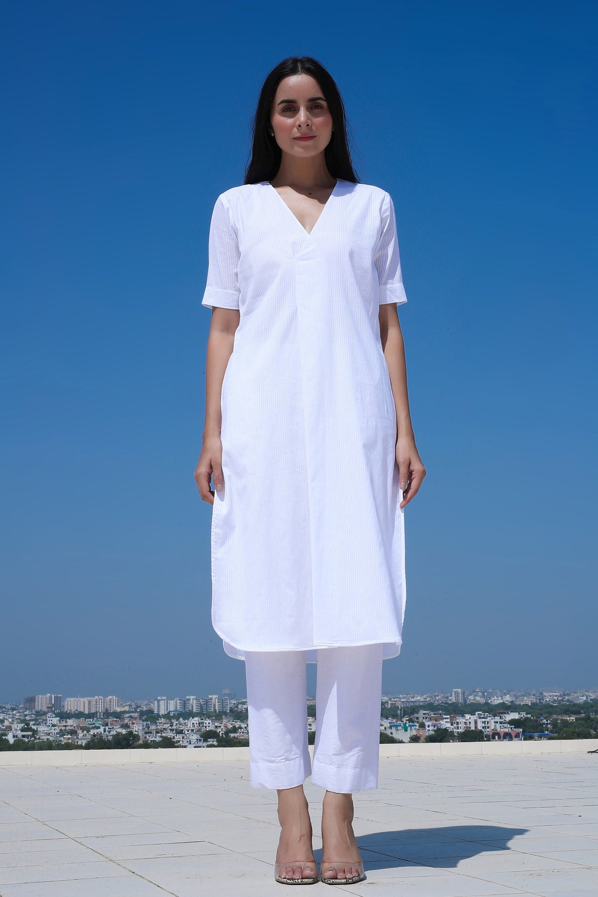 White Acordion Pleated V Neck Kurta Set - ILMA