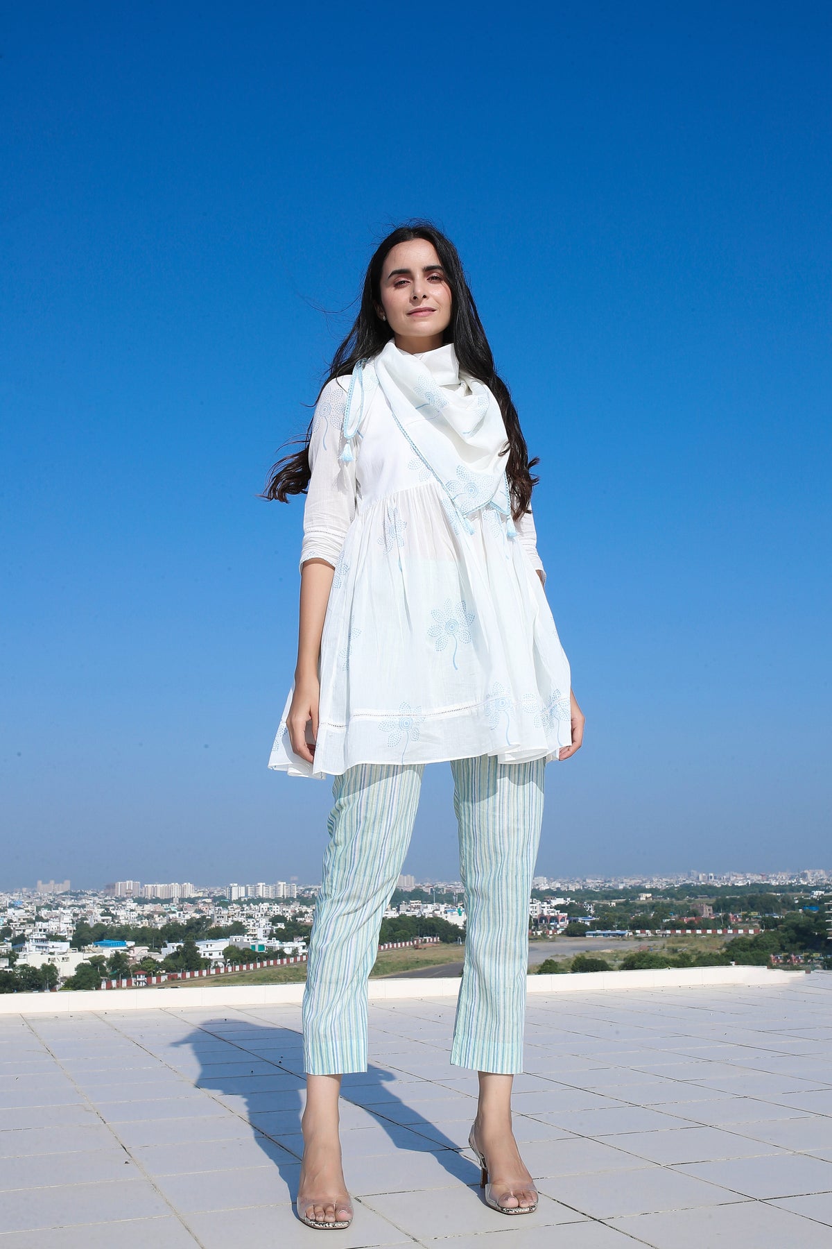 White Block Printed Short Kurta Set with Scarf - ILMA