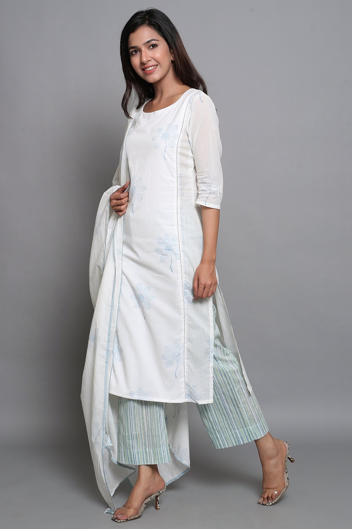 White Block Printed Suit Set with Dupatta - ILMA