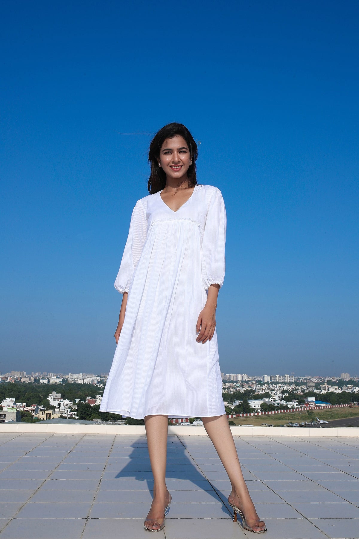 White Elbow Bishop Sleeves Dress - ILMA