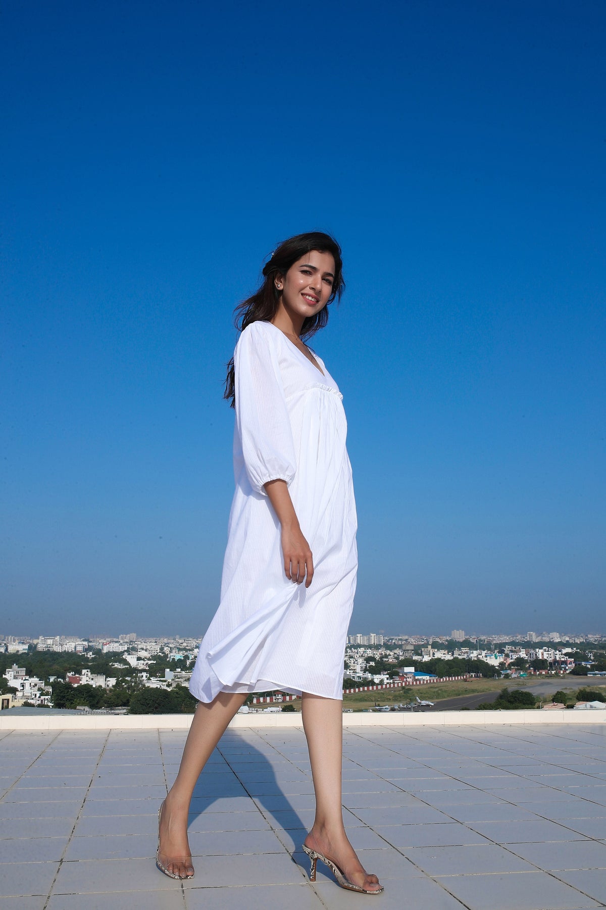 White Elbow Bishop Sleeves Dress - ILMA