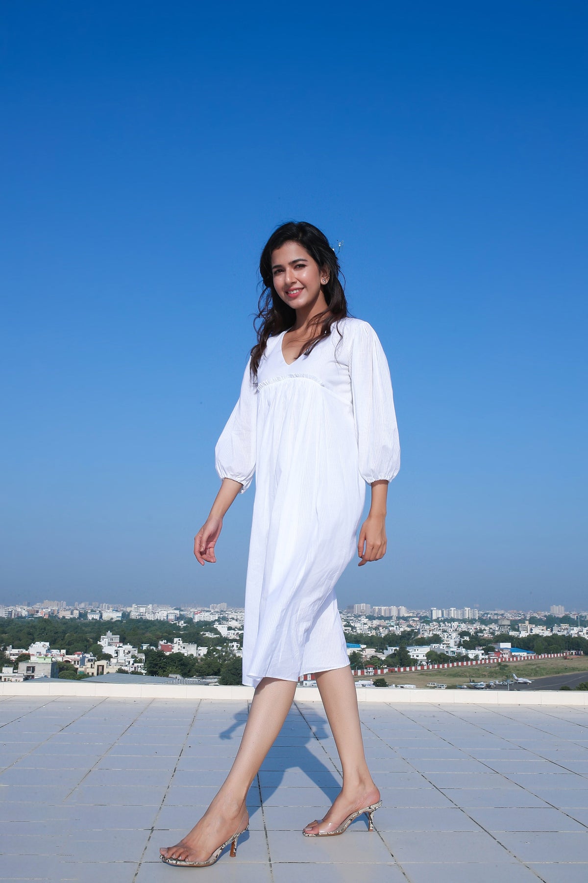 White Elbow Bishop Sleeves Dress - ILMA