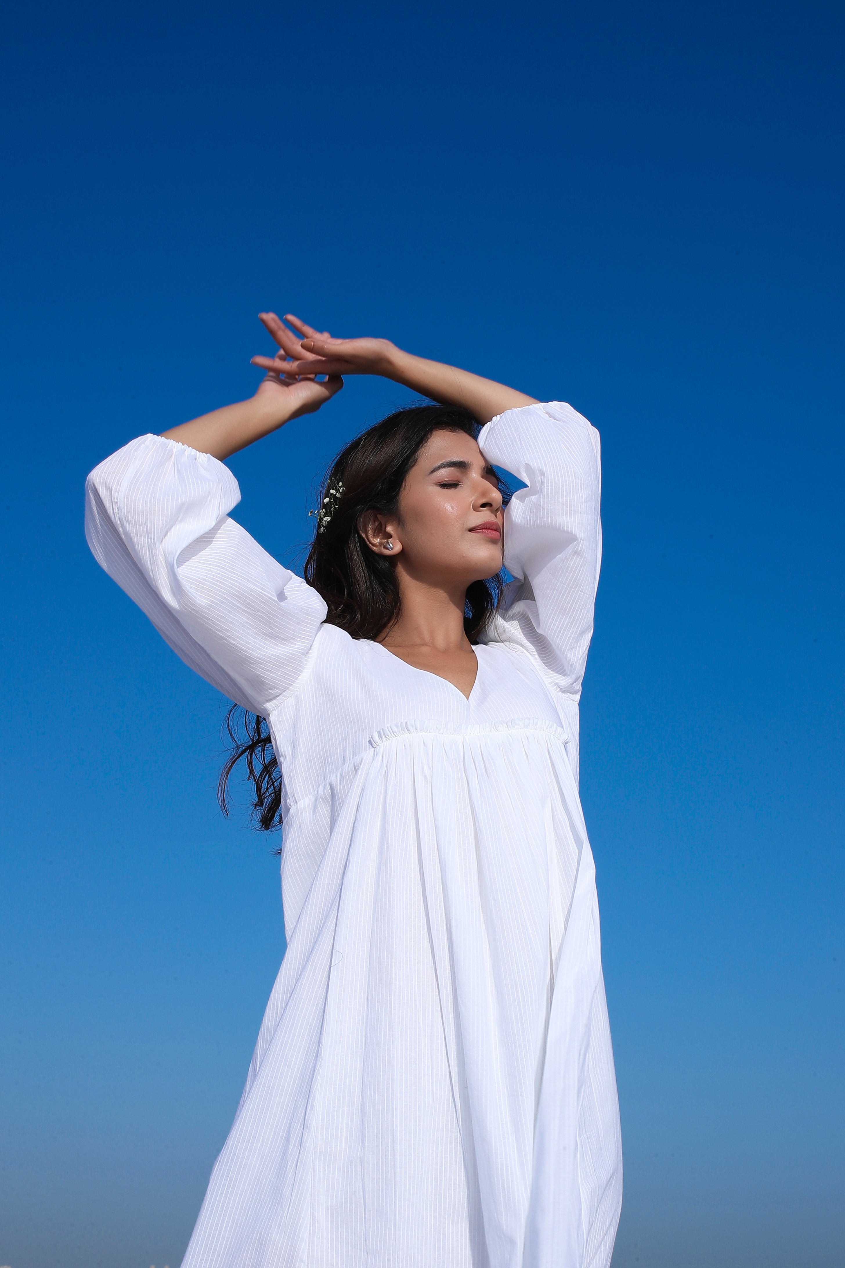 White Elbow Bishop Sleeves Dress