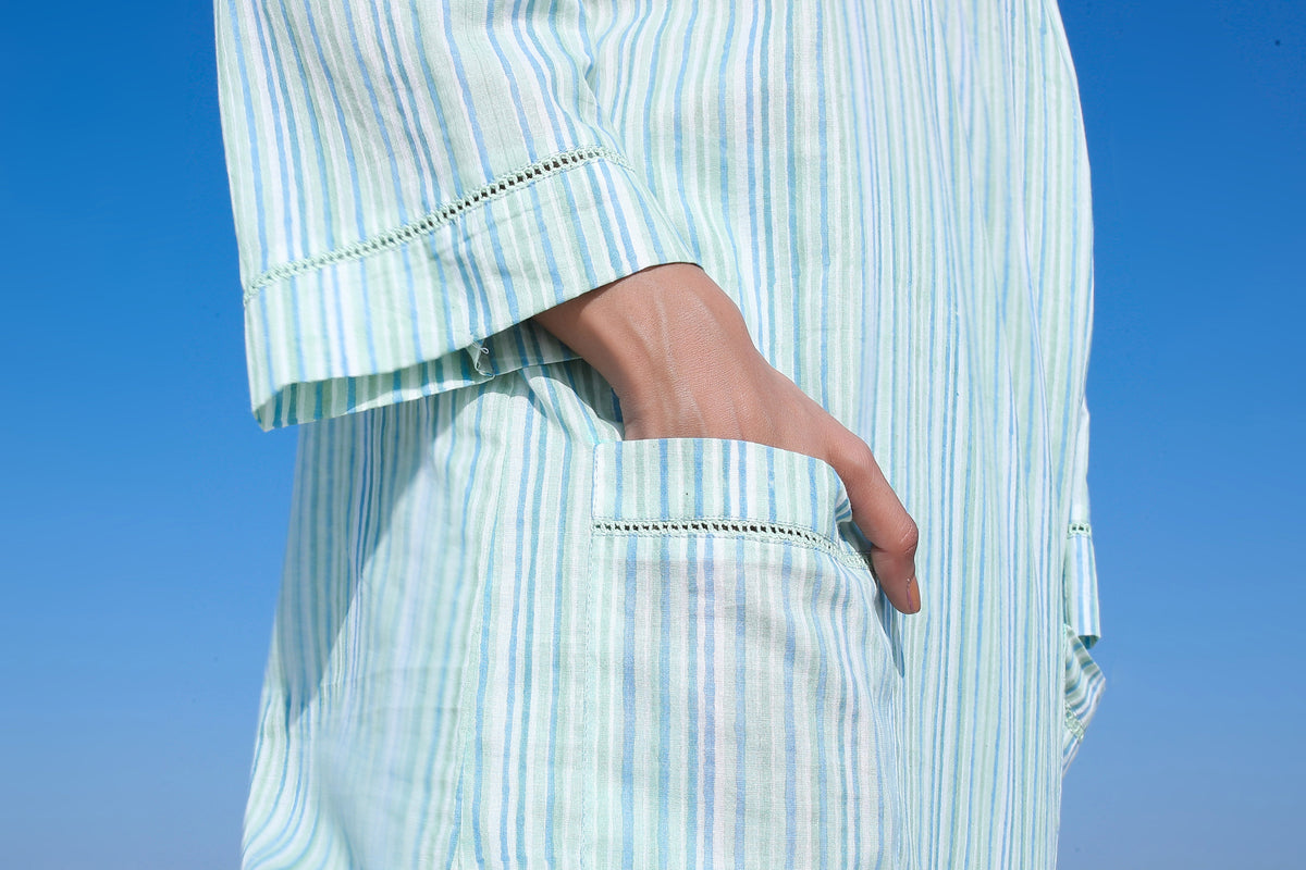 Green Striped Suit Set with Front Pockets - ILMA