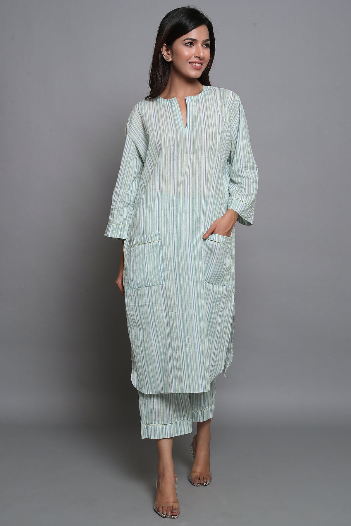 Green Striped Suit Set with Front Pockets - ILMA