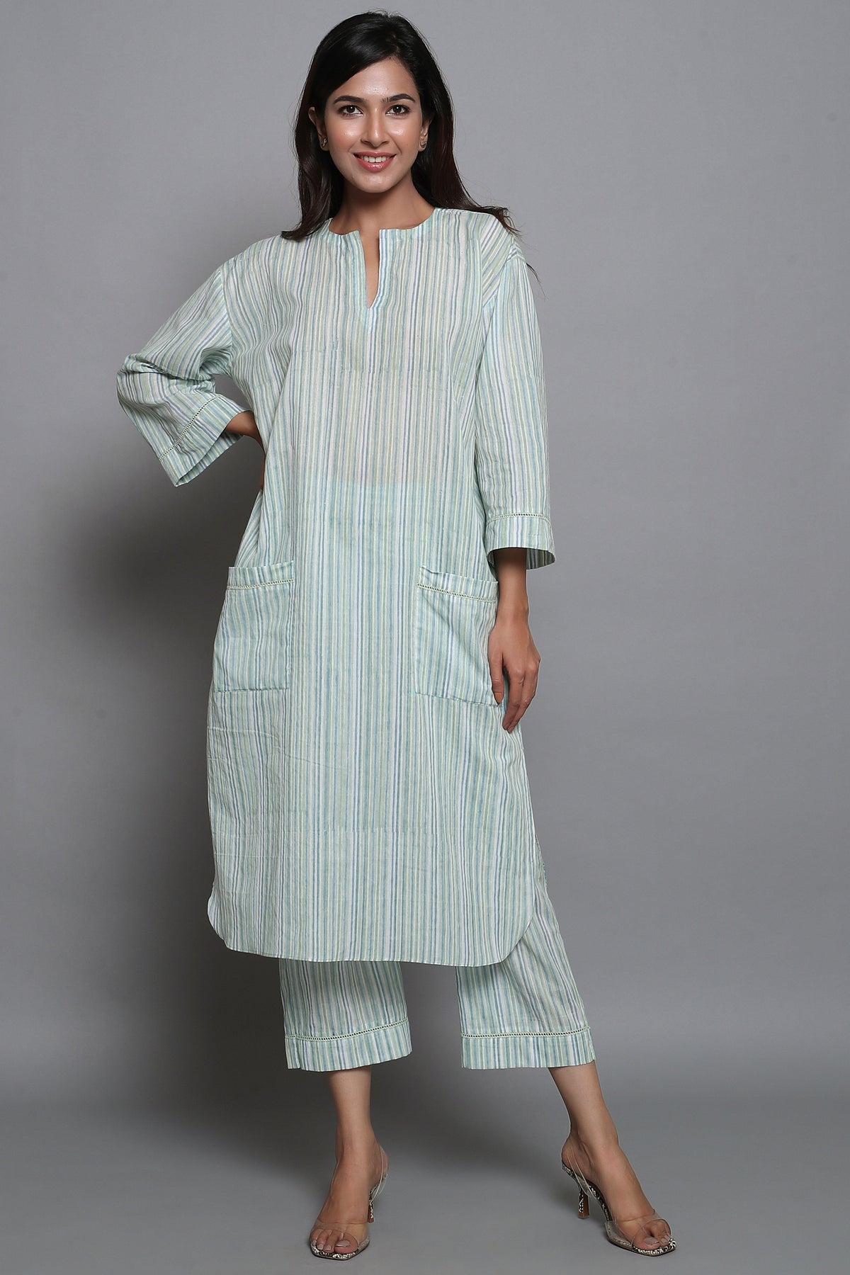 Green Striped Suit Set with Front Pockets - ILMA