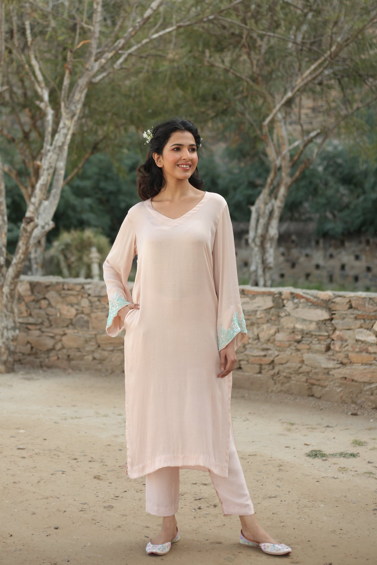 Hazelnut Suit Set with Hand Embellished Sleeves - ILMA