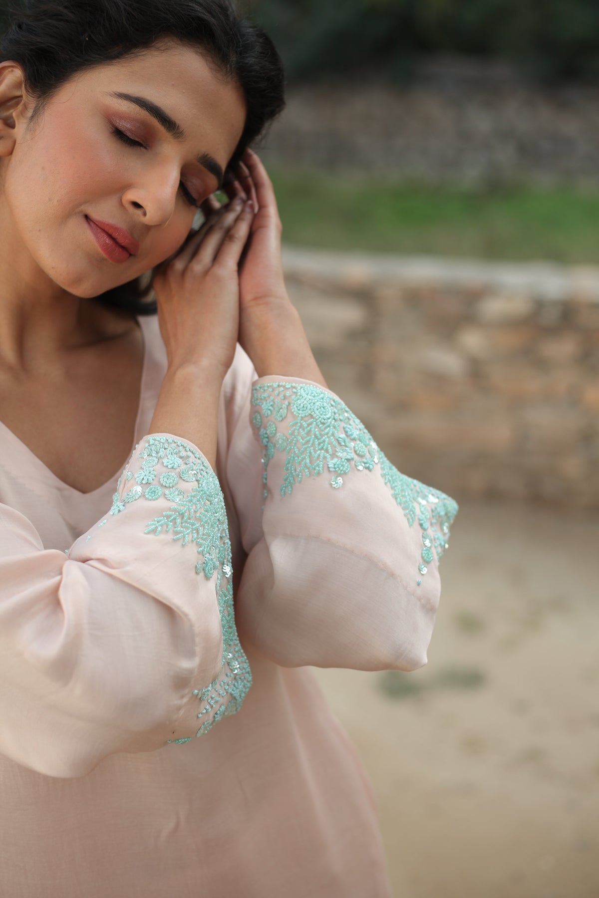 Hazelnut Suit Set with Hand Embellished Sleeves - ILMA