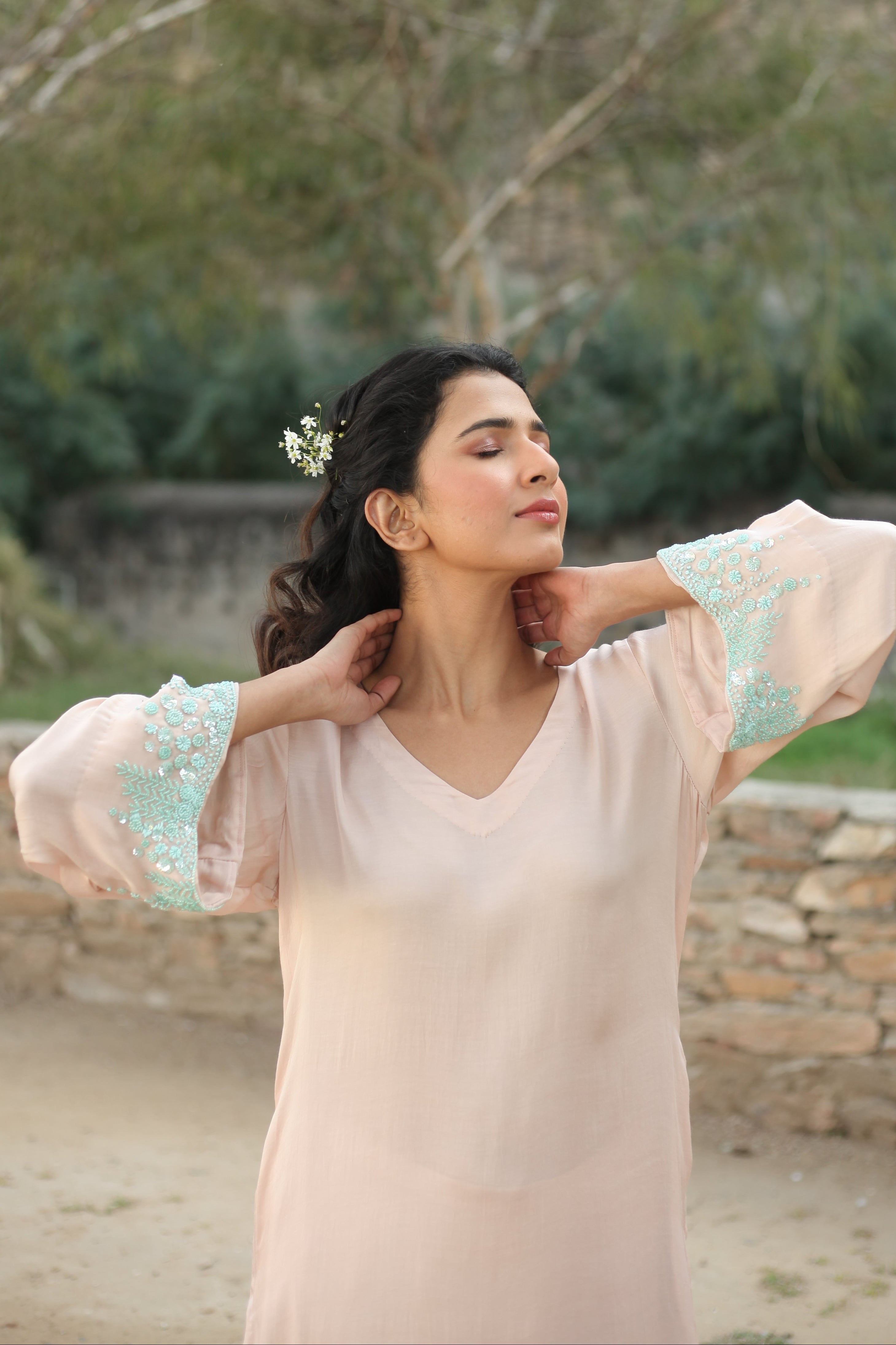 Hazelnut Suit Set with Hand Embellished Sleeves - ILMA
