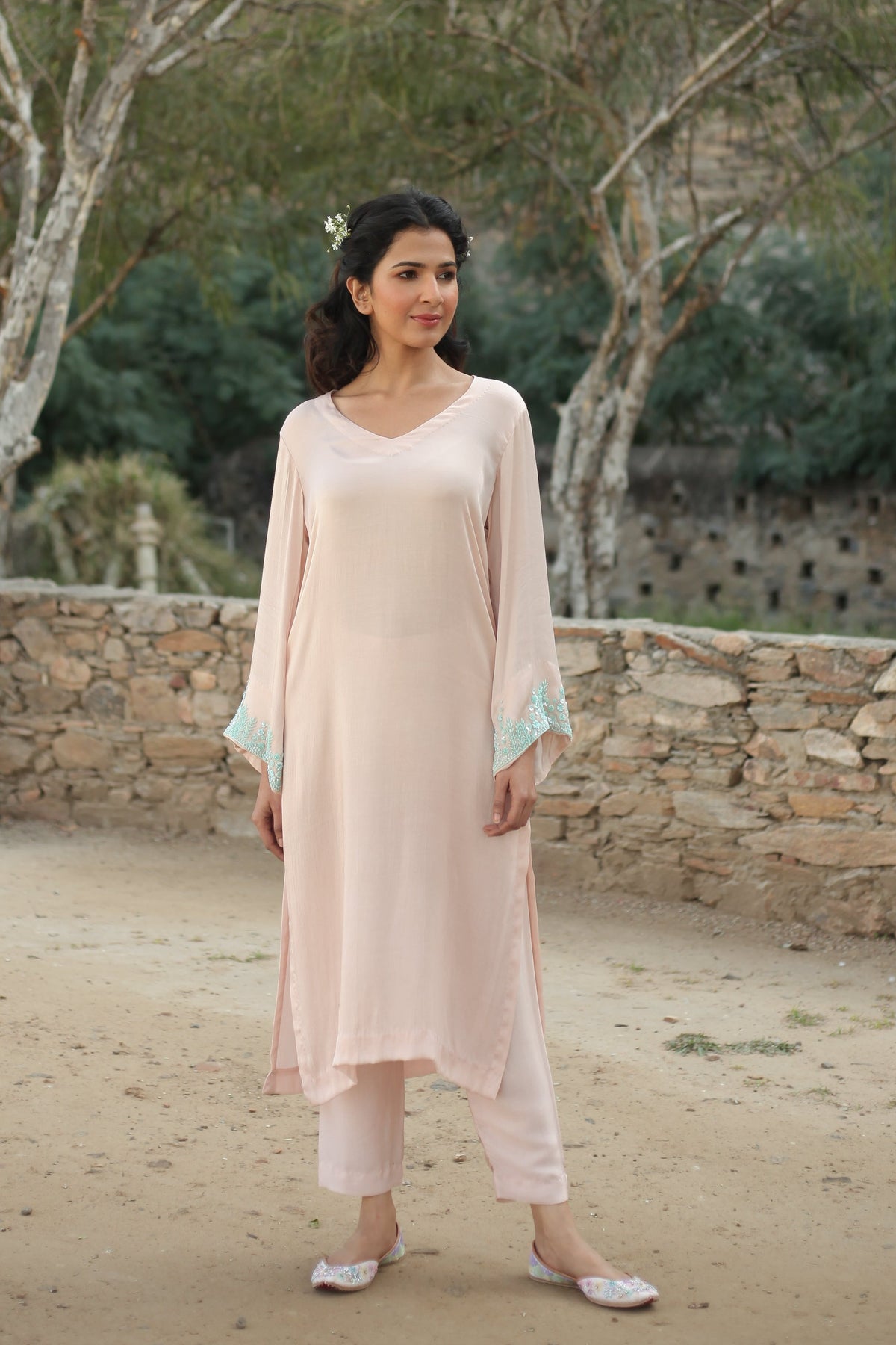 Hazelnut Suit Set with Hand Embellished Sleeves - ILMA