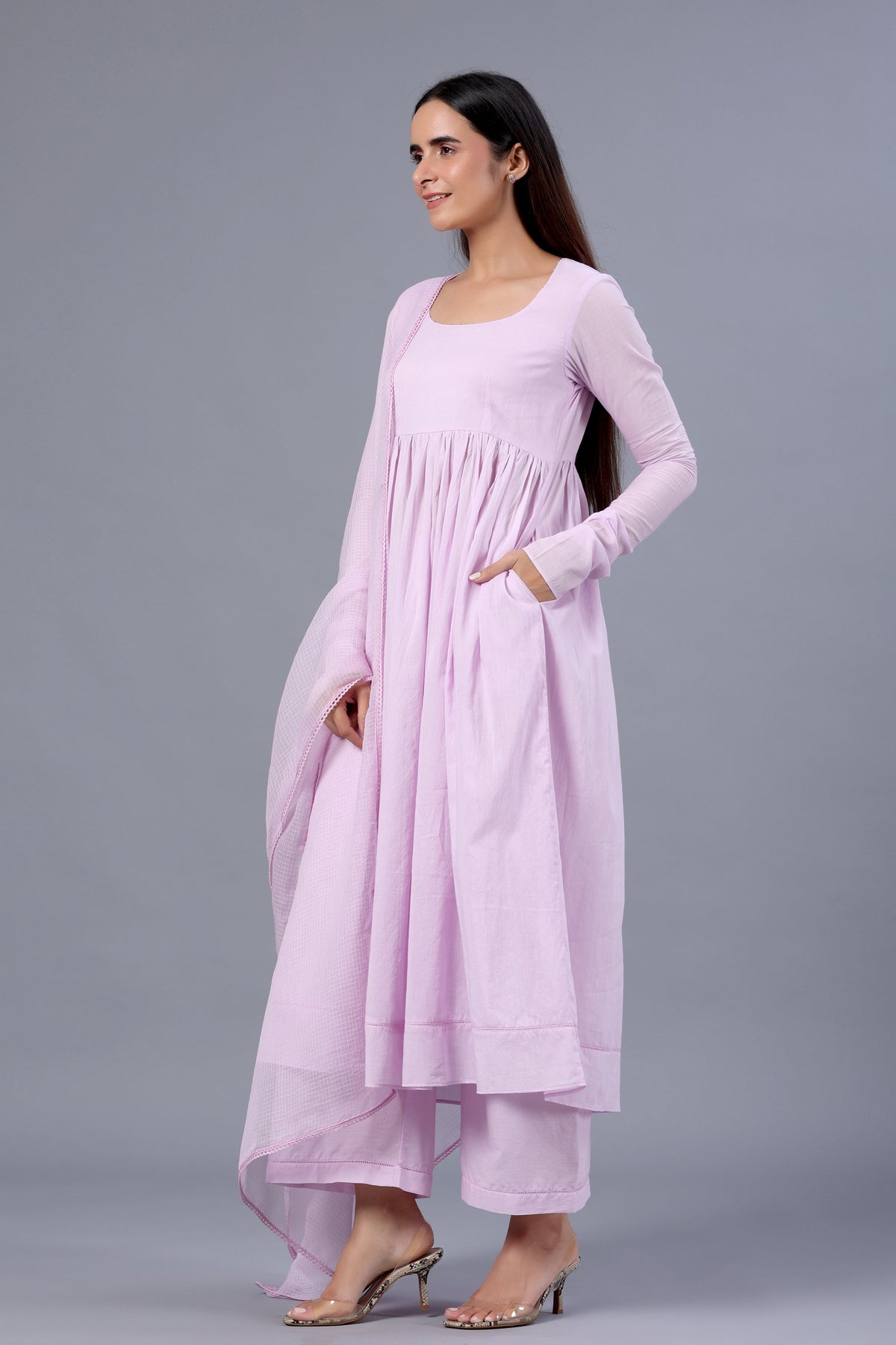 Lilac Full Sleeves Suit Set with Doria Dupatta - ILMA