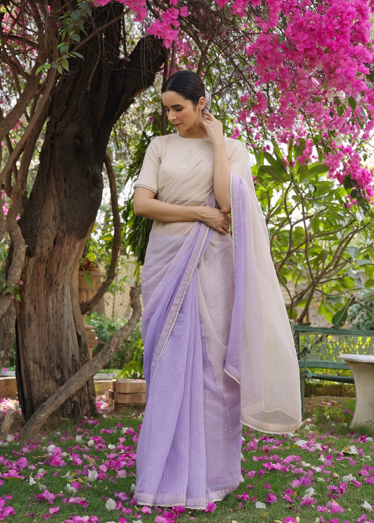 MARGUERITE Half Ombre & Half Sriped Saree with Blouse - ILMA