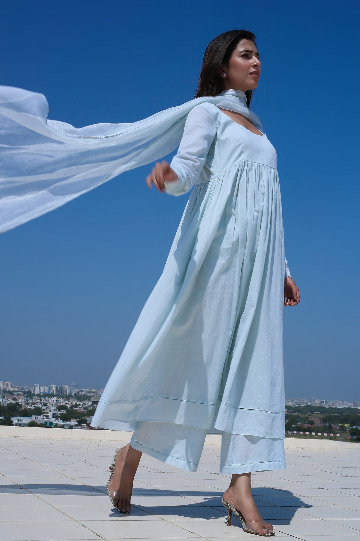 Mud Pastel Blue Full Sleeves Suit Set with Doria Dupatta - ILMA