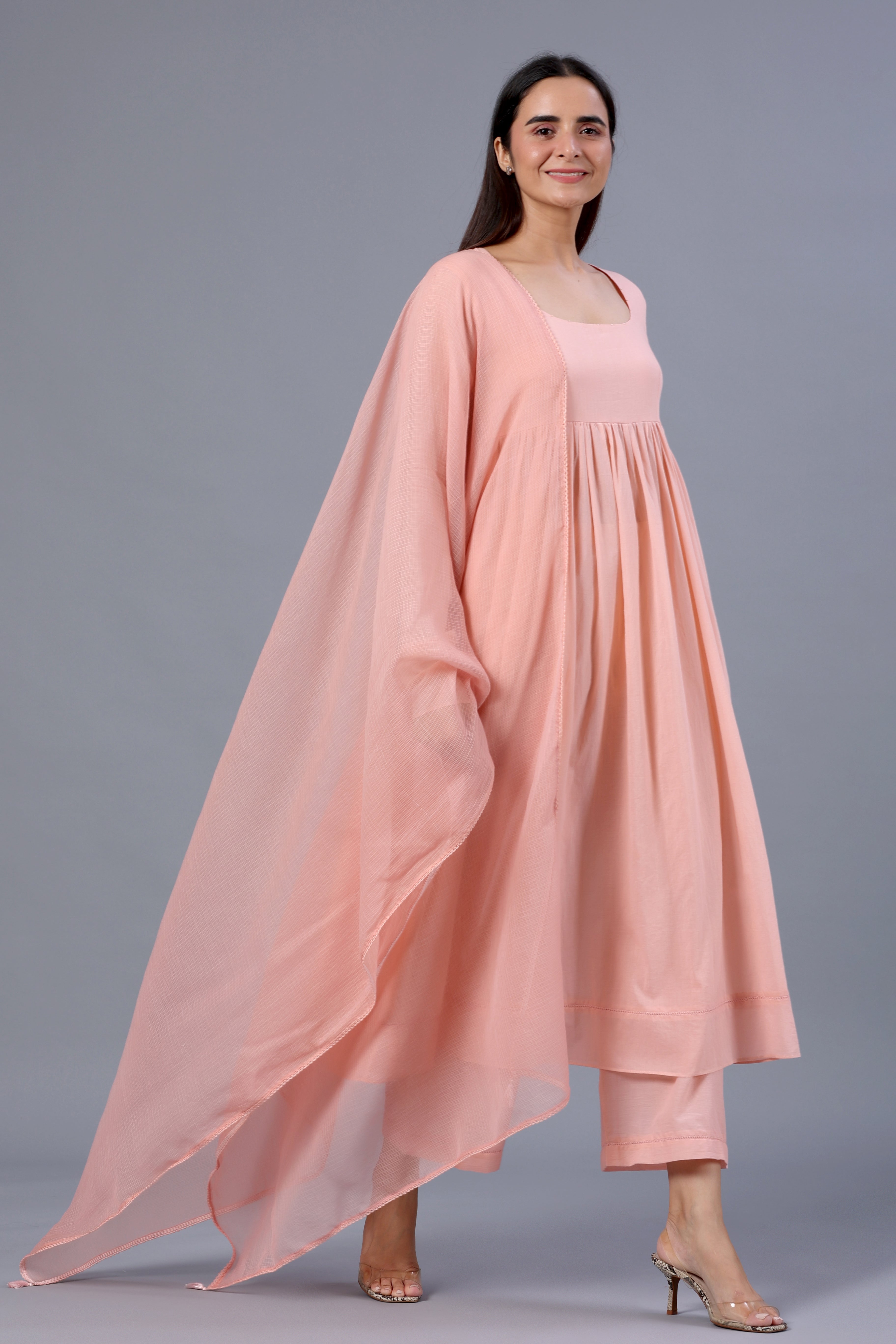 Peach Full Sleeves Suit Set with Doriya Dupatta - ILMA