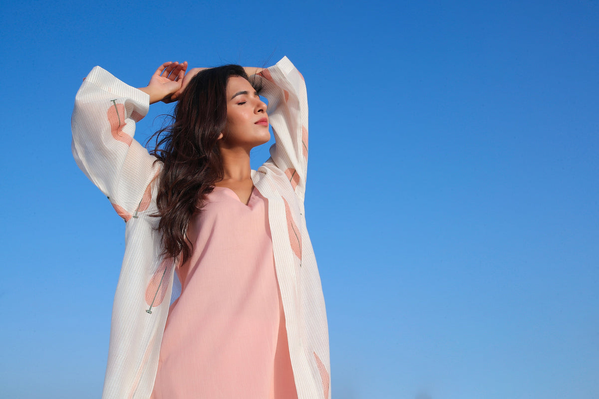 Peach Mulmul Kurta Set with Shrug - ILMA