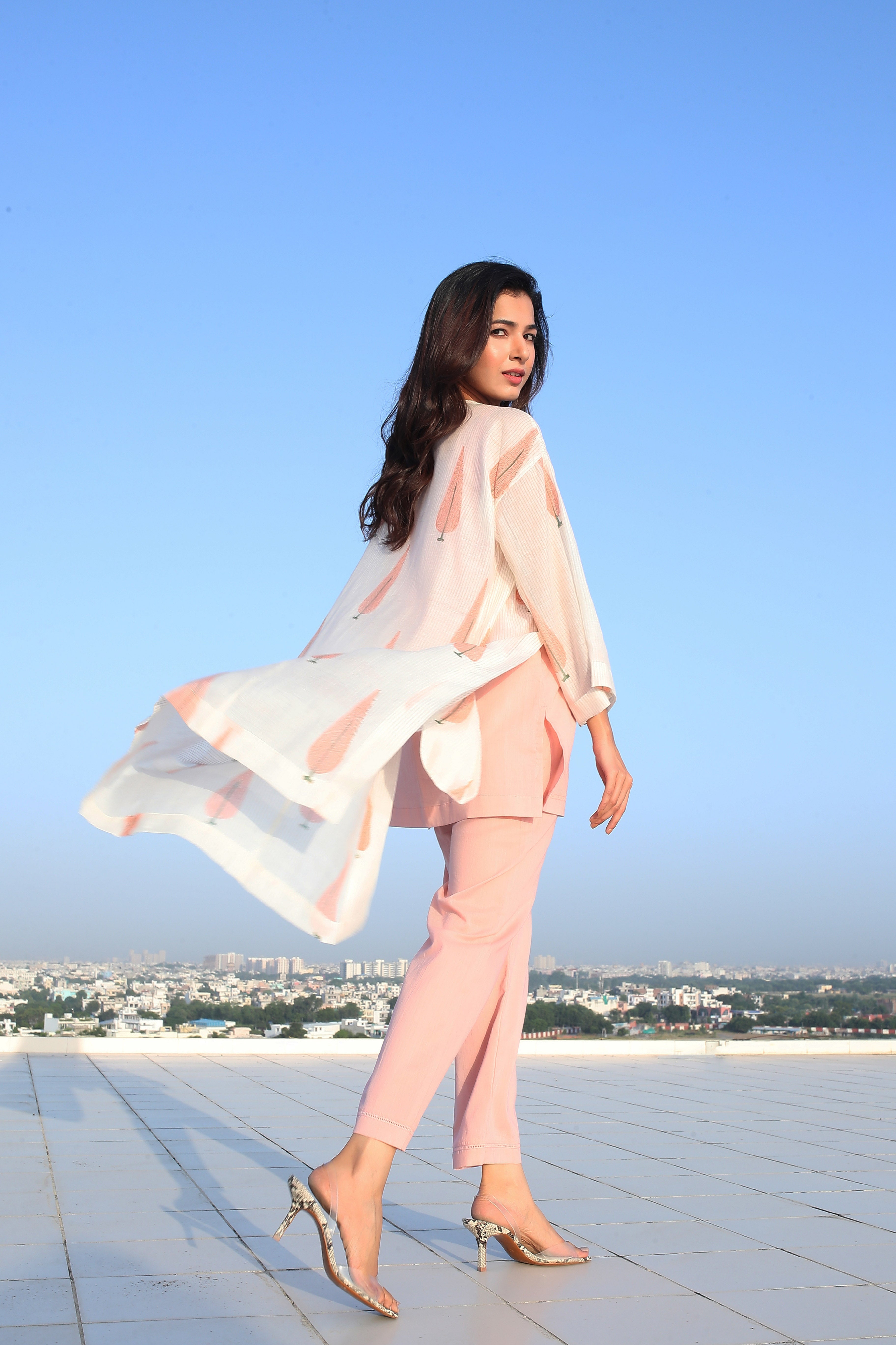Peach Mulmul Kurta Set with Shrug - ILMA