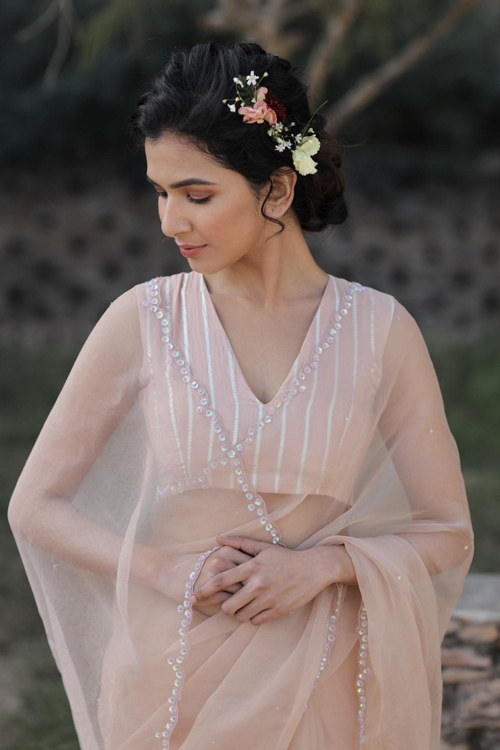 Sequins Border Saree with Striped Blouse - ILMA