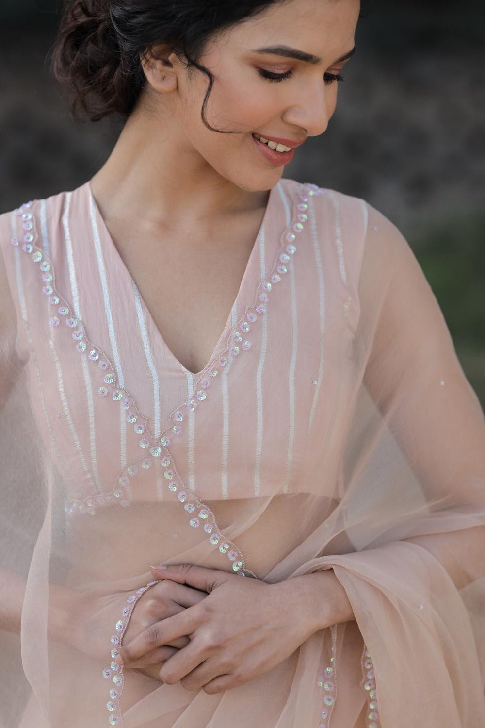 Sequins Border Saree with Striped Blouse - ILMA