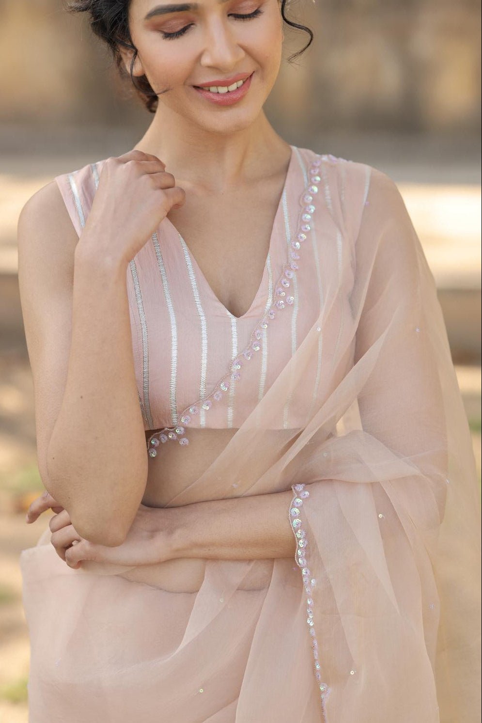 Sequins Border Saree with Striped Blouse - ILMA