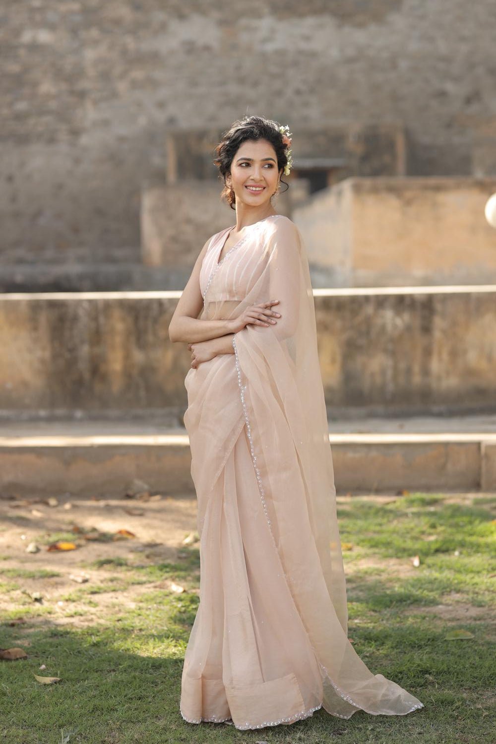 Sequins Border Saree with Striped Blouse - ILMA
