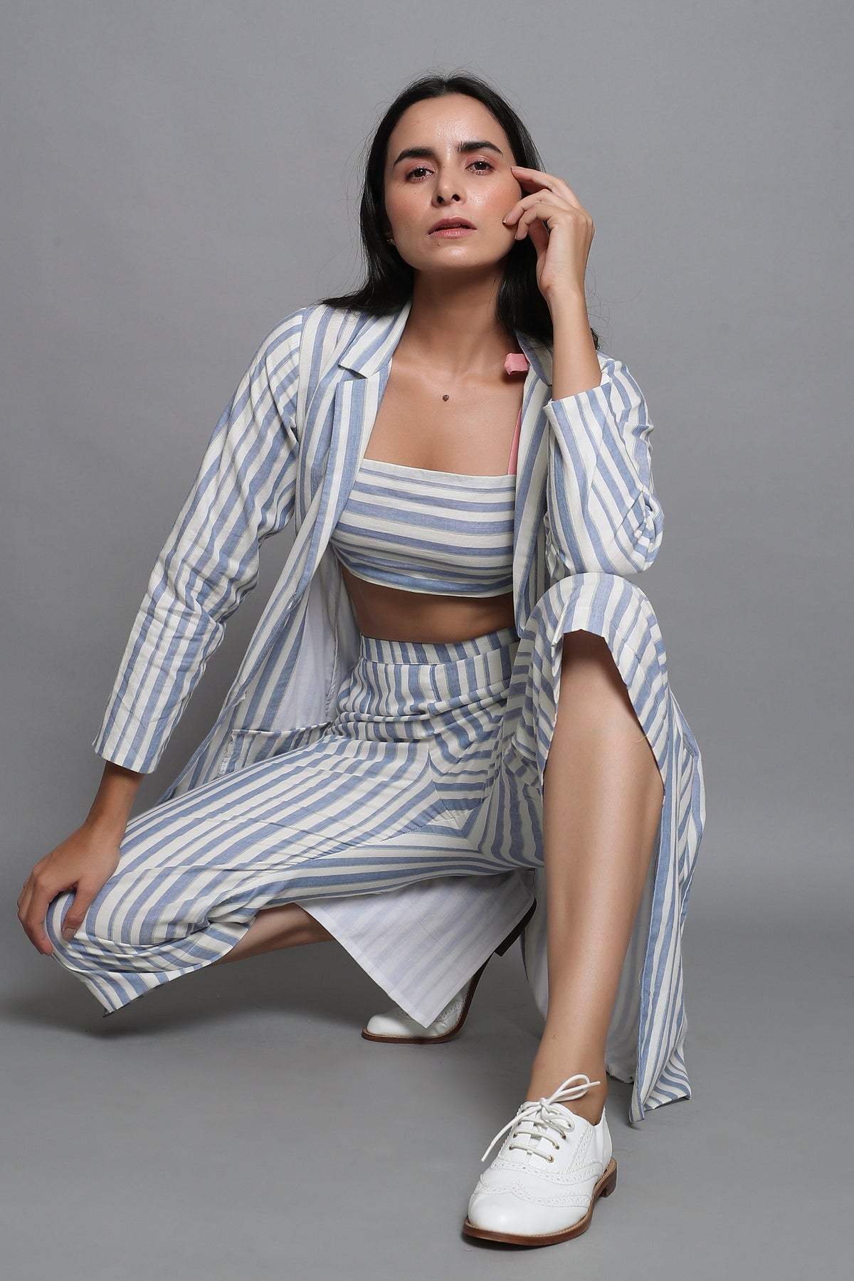 Striped Overcoat With Culottes and Bralette Top - ILMA